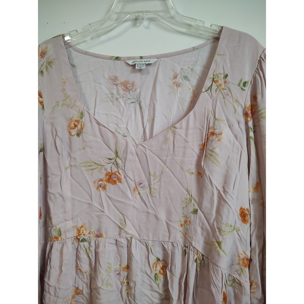 American Eagle Pink Floral Babydoll Top XL Long Sleeve V-Neck Smocked Blouse - Picture 3 of 10